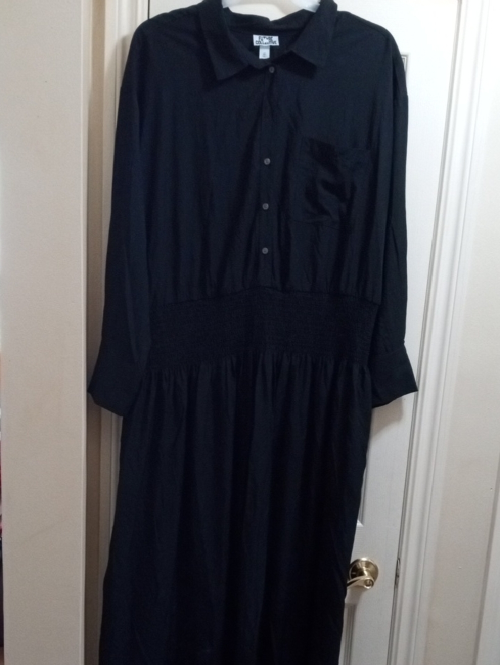 Black Long-Sleeve Smocked-Waist Shirt Dress Light Material